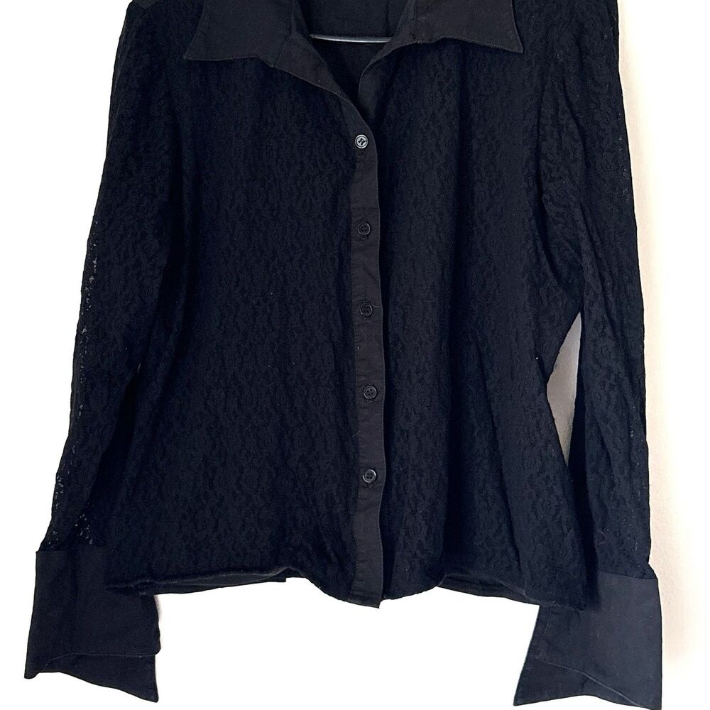 New York City Design Co Blouse Womens XL Black Lace Button Up Goth Vintage Vampi